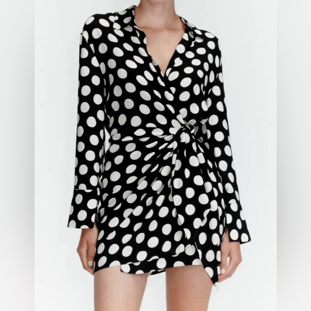 Zara Black & White Polka Dot Wrap Dress Size S